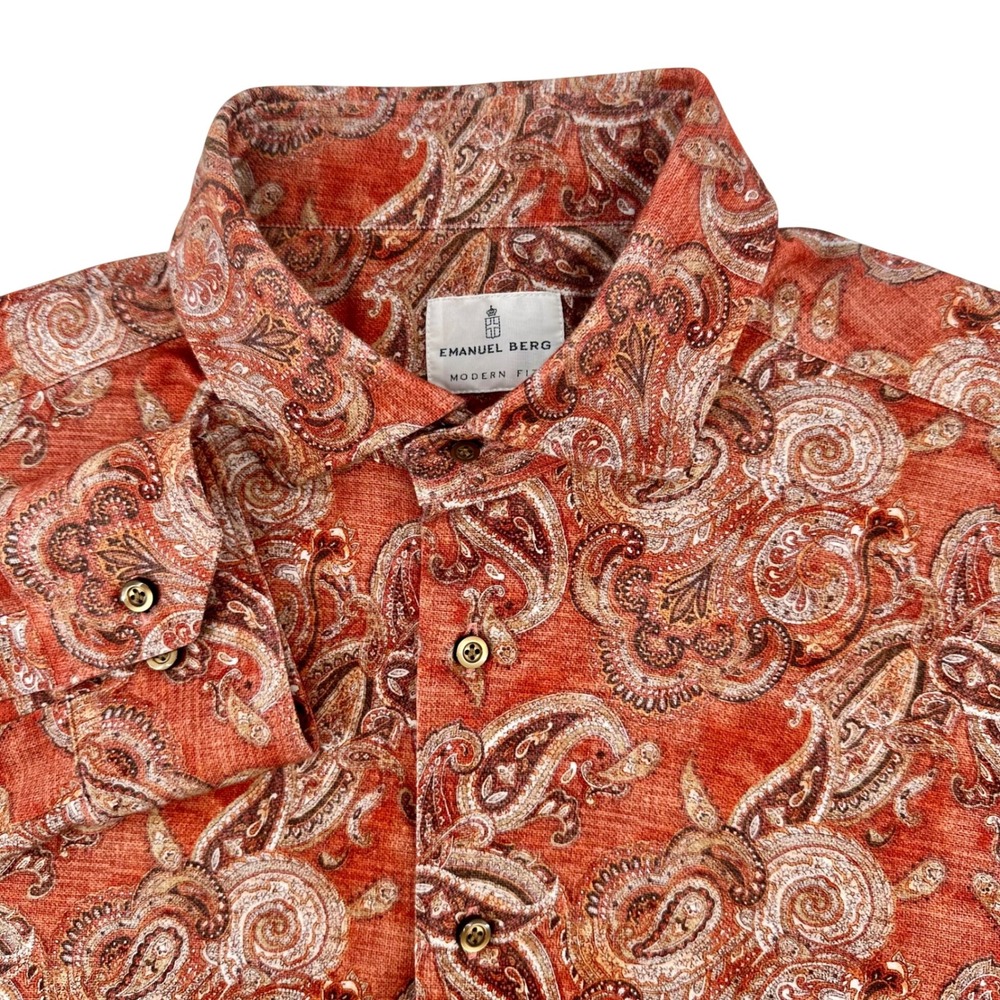 Emanuel Berg Mens L 16.5 Modern Fit Paisley Button Shirt Orange Cotton Blend